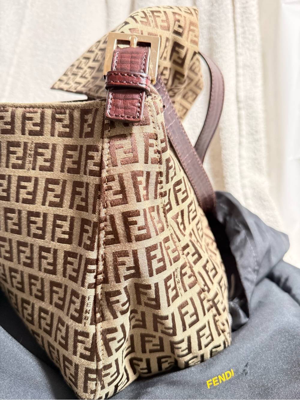 Fendi Tan and Brown FF Canvas Shoulder Bag with Gold Buckle - Picture 3 of 7